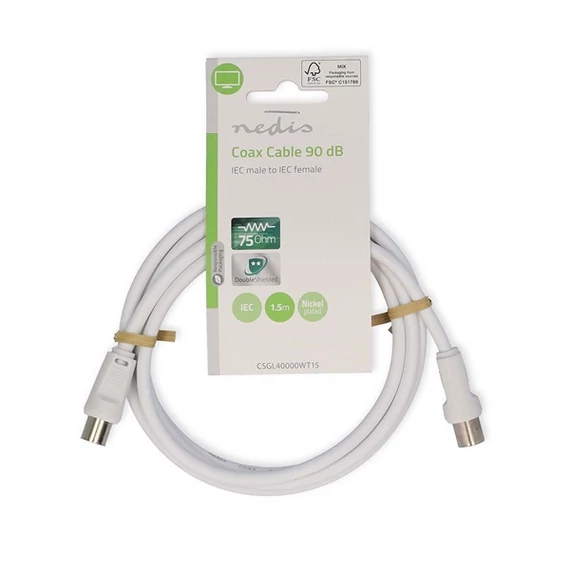 Nedis CSGL40000WT15 koax kábel, IEC (koaxiális) dugó IEC (koaxiális) hüvely Nikkelezett 90 dB 75 Ohm Dupla árny. 150m