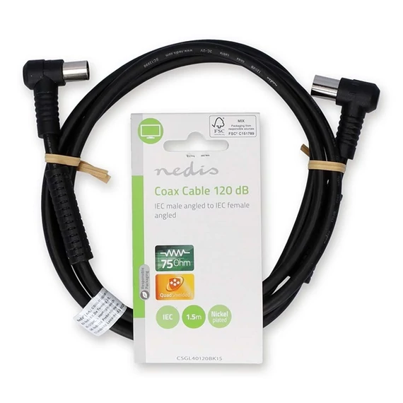 Nedis CSGL40120BK15 koax RF kábel, koax férfi (dugó), koax női (aljzat) 120 dB, 75 Ohm, Négyszeresen árnyékolt ,  1,5m