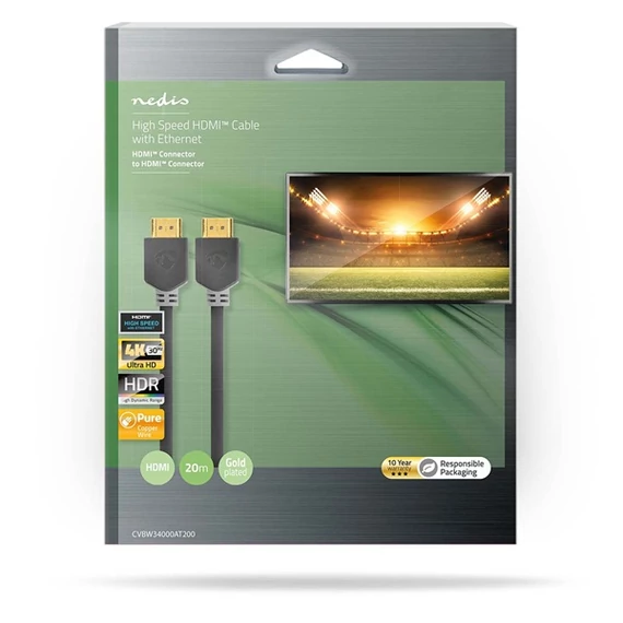 Nedis CVBW34000AT200 HDMI kábel, HDMI dugó - dugó, 4K@30Hz, ARC, 10.2 Gbps, aranyozott csatlakozók, hossz 20m