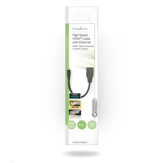 Nedis kábel CVGP34790BK02 micro HDMI - HDMI adapter, 4K@30Hz, 10.2 Gbps, 0.20 m