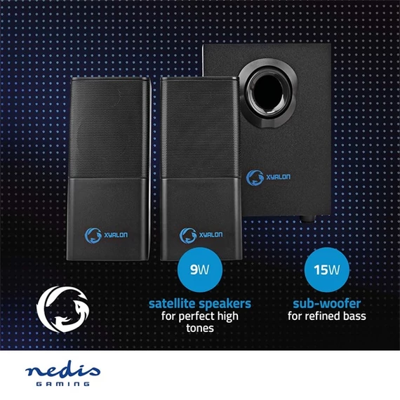 Nedis GSPR10021BK aktív gamer hangszóró 2.1, USB tápellátás, 3,5 mm jack, 30 W, Hangerőszabályozó