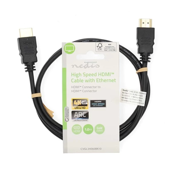 Nedis CVGL34060BK10 ultra HD HDMI kábel, HDMI dugó - dugó, 4K@60Hz, ARC, 18 Gbps, aranyozott csatlakozók, hossz 1m