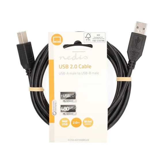 Nedis CCGL60100BK20 USB2.0, USB A - B kábel, 480Mbs, 10W, hossz 2m
