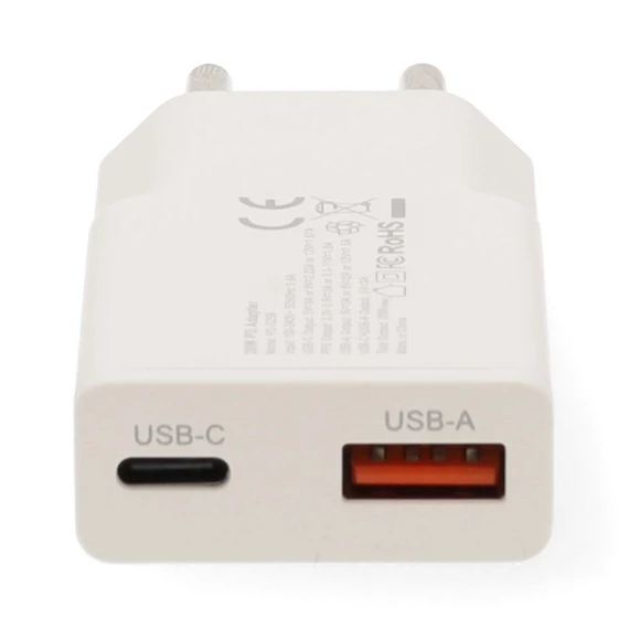 Nedis WCHA30WT gyorstöltő USB-A / USB-C töltő, GaN, PD3.0, QC, Gyorstöltési funkció 1,5 / 2,0 / 2,5 / 3,0 A, 30W, fehér