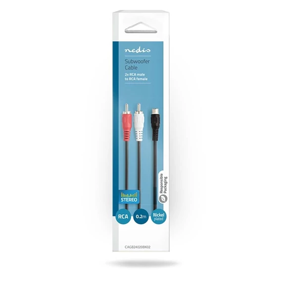 Nedis CAGB24020BK02 sztereo audio kábel, 1x RCA aljzat - 2x RCA dugó, 0,20m