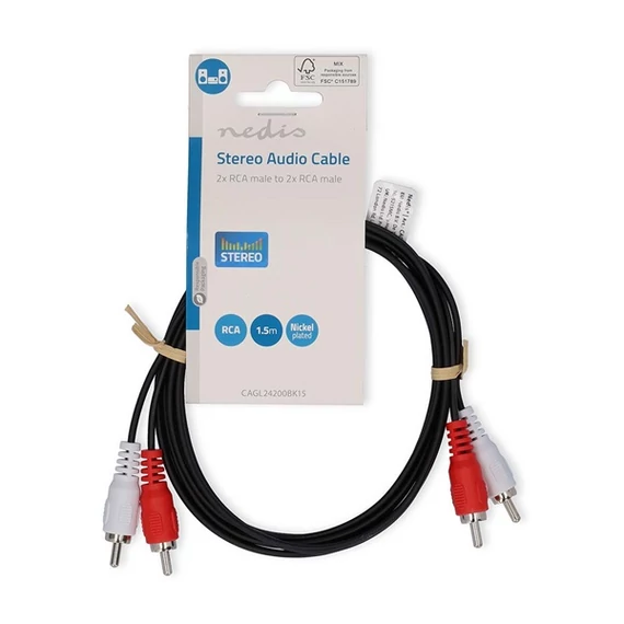 Nedis CAGL24200BK15 sztereo audio kábel, 2 X RCA dugó - 2 X RCA dugó, hossz 1.5m