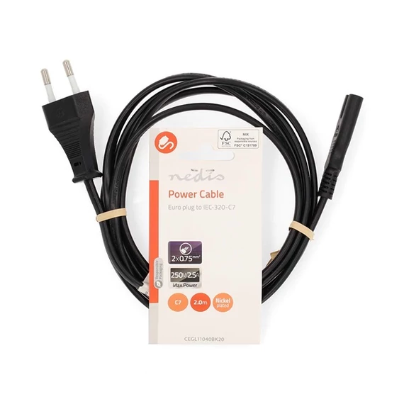 Nedis CEGL11040BK20 tápkábel IEC-320-C7, 2 x 0.75 mm, hossz 2m