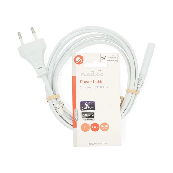 Nedis CEGL11040WT20 tápkábel IEC-320-C7, 2 x 0.75 mm, hossz 2m, fehér