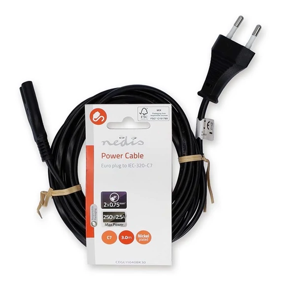 Nedis CEGL11040BK30 tápkábel IEC-320-C7, 2 x 0.75 mm, hossz 3m