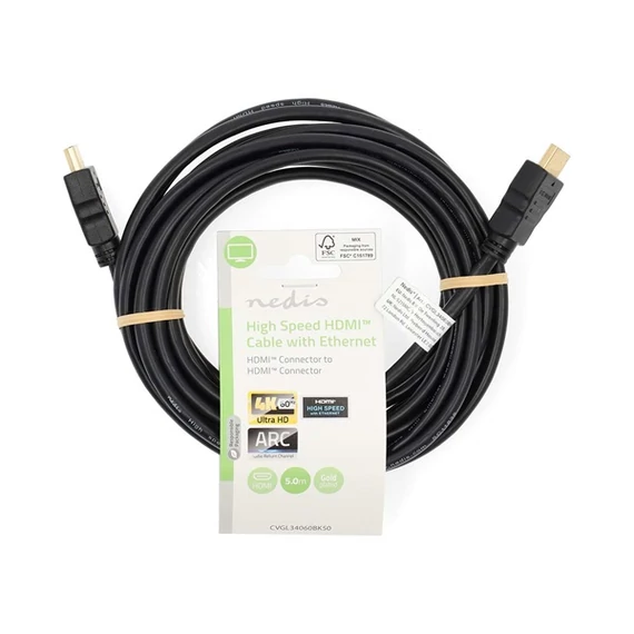 Nedis CVGL34060BK50 ultra HD HDMI kábel, HDMI dugó - dugó, 4K@60Hz, ARC, 18 Gbps, aranyozott csatlakozók, hossz 5m