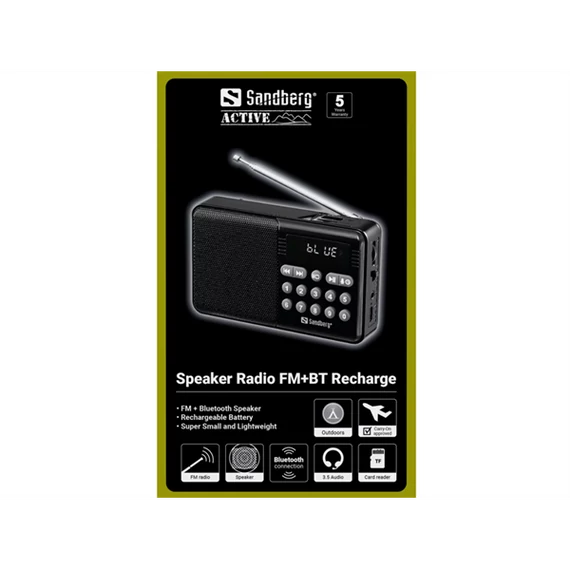 SANDBERG Speaker Radio FM + BT recharge, MP3 playable from USB or TF-Card, Super Small, 5 év garancia