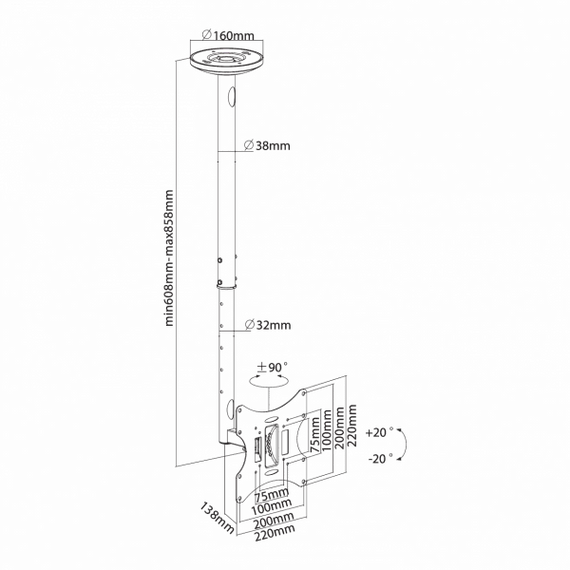 SBOX CPLB-28S mennyezeti fali konzol, dönthető, forgatható, 23