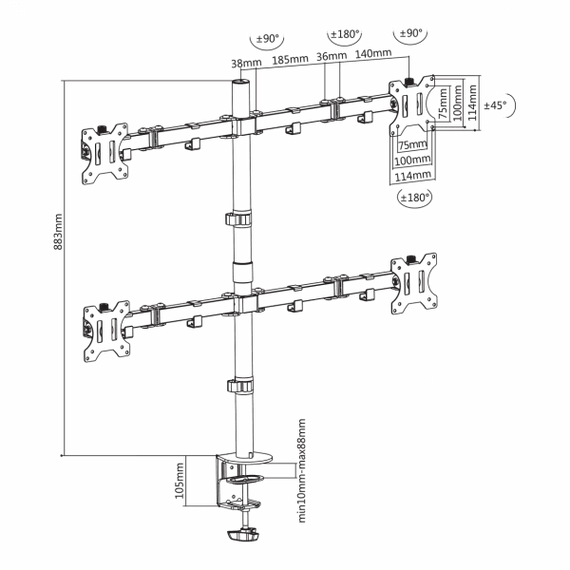 SBOX LCD-352/4 Asztali kvadupla monitor tartó konzol, dönthető, forgatható, 13