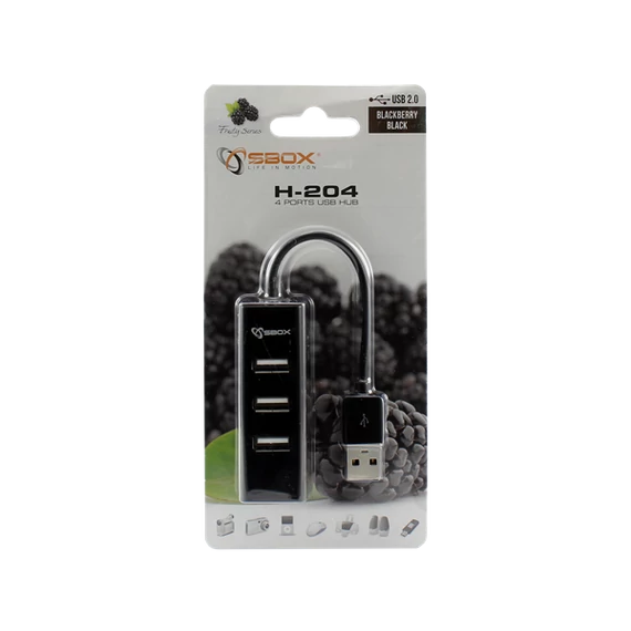 SBOX USB HUB, Fekete, 4xUSB 2.0
