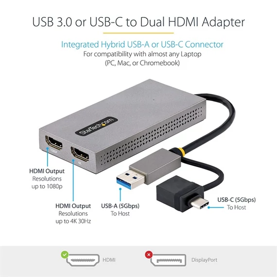 STARTECH Adapter USB to Dual HDMI, 2xUSB 3.2 + USB 3.0 to HDMI