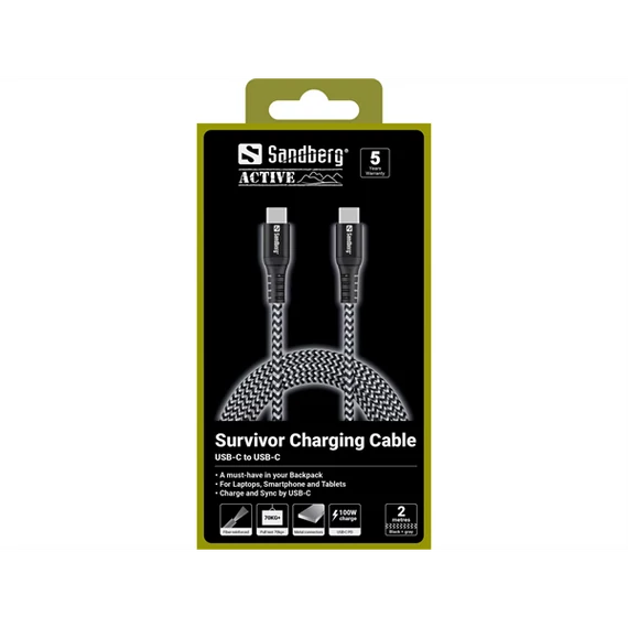 Sandberg Survivor Cable 2m töltőkábel, 100W,