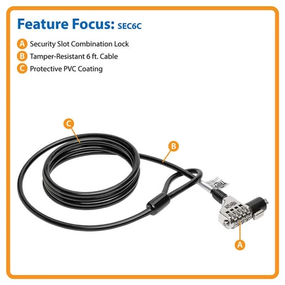 TRIPP LITE biztonsági zár, laptophoz, és perifériához,számzáras lakat, 1,83m (Kensigton zár)